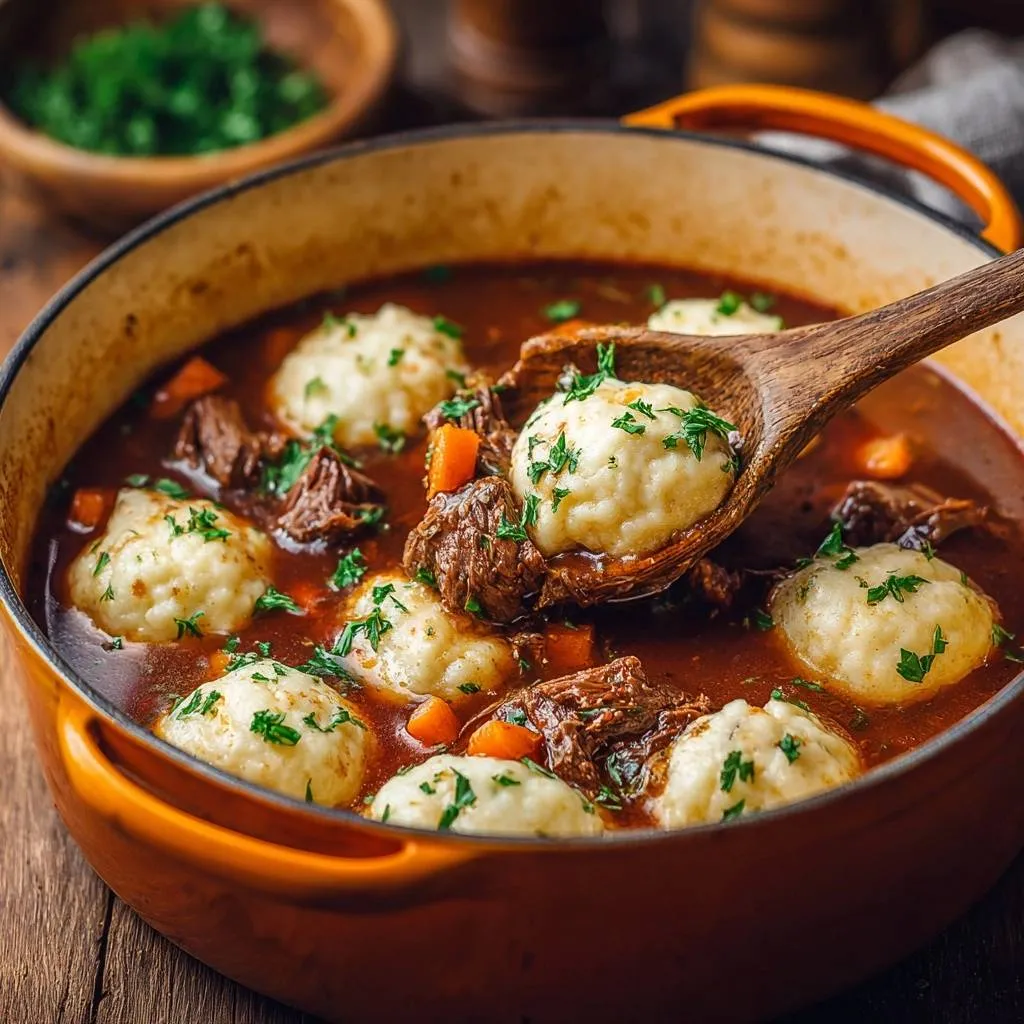 Hearty beef and carrot stew with fluffy dumplings being scooped with a wooden spoon, garnished with parsley.