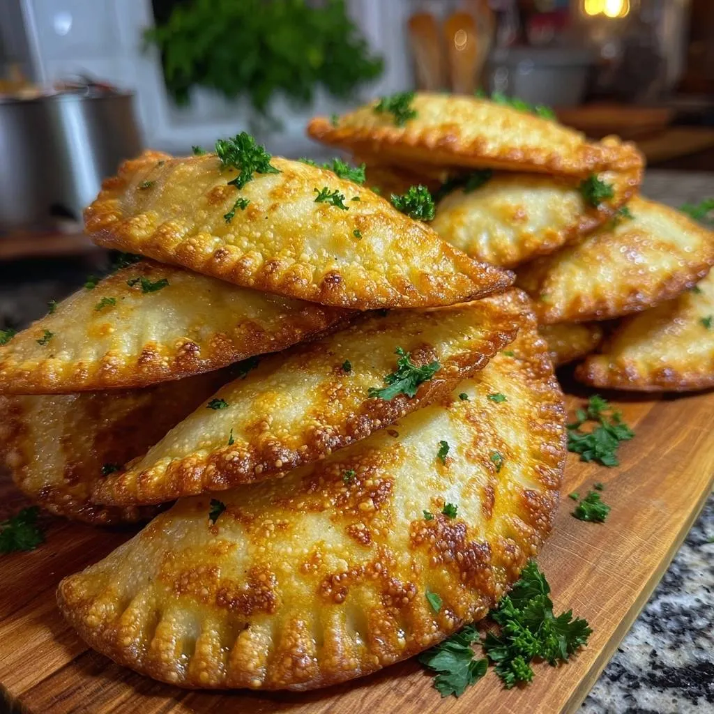 Crispy beef empanadas with foolproof seals stacked and garnished with parsley on a wooden board.