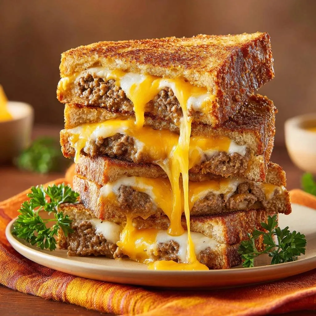 The Ultimate Beef Patty Melts stacked high with gooey melted cheese dripping down the sides.
