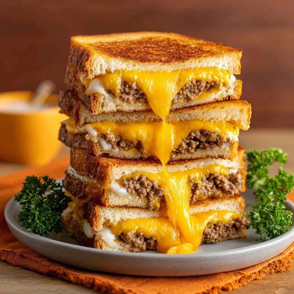 The Ultimate Beef Patty Melts stacked high, showcasing a gooey melted cheese cross-section.