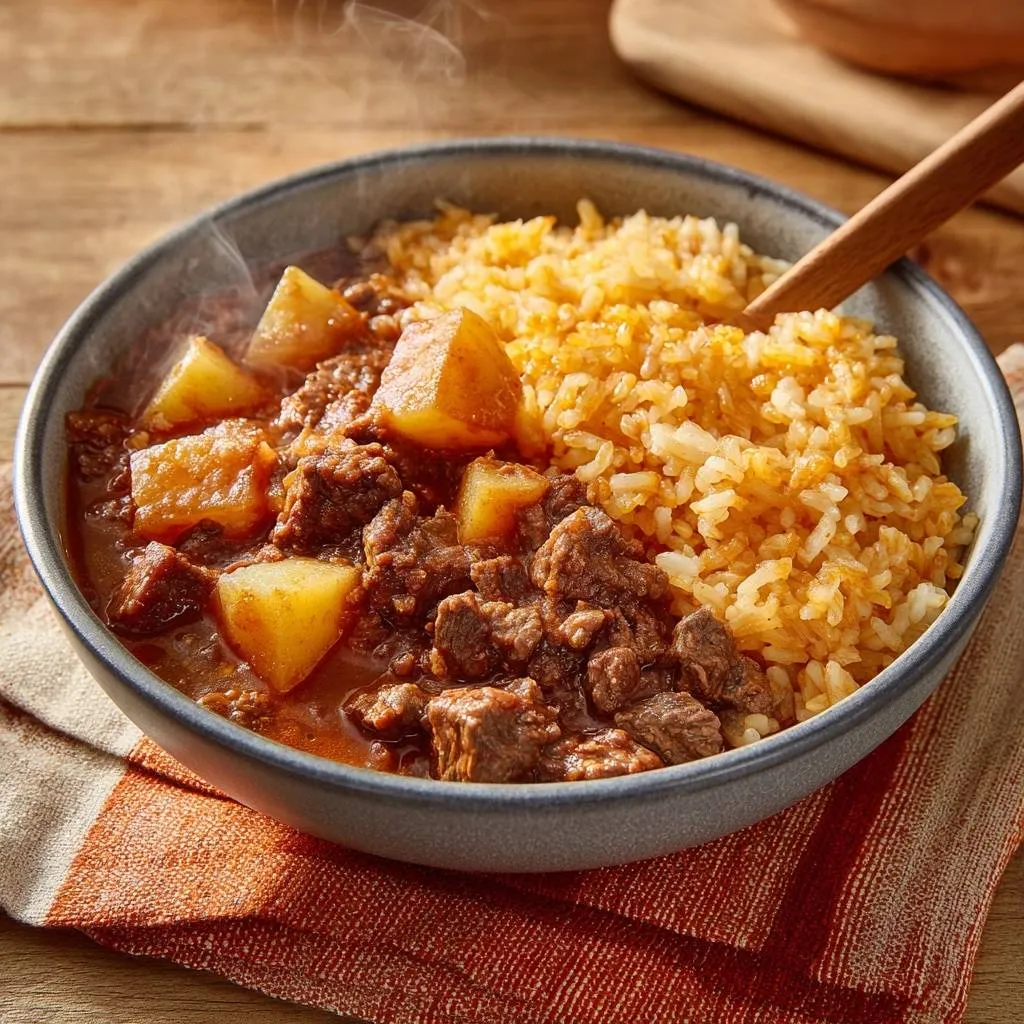 Hearty beef and potato stew over yellow rice, with steam rising from the hot dish in a rustic bowl.