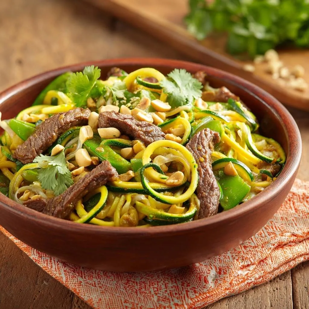 Beef zoodle stir-fry with tender beef and zucchini noodles served in a rustic bowl, garnished with cilantro and peanuts.