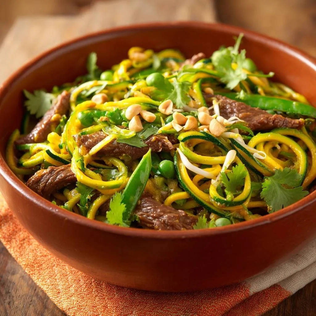 Beef zoodle stir-fry with peas and peanuts served in a rustic brown bowl, a close-up view.