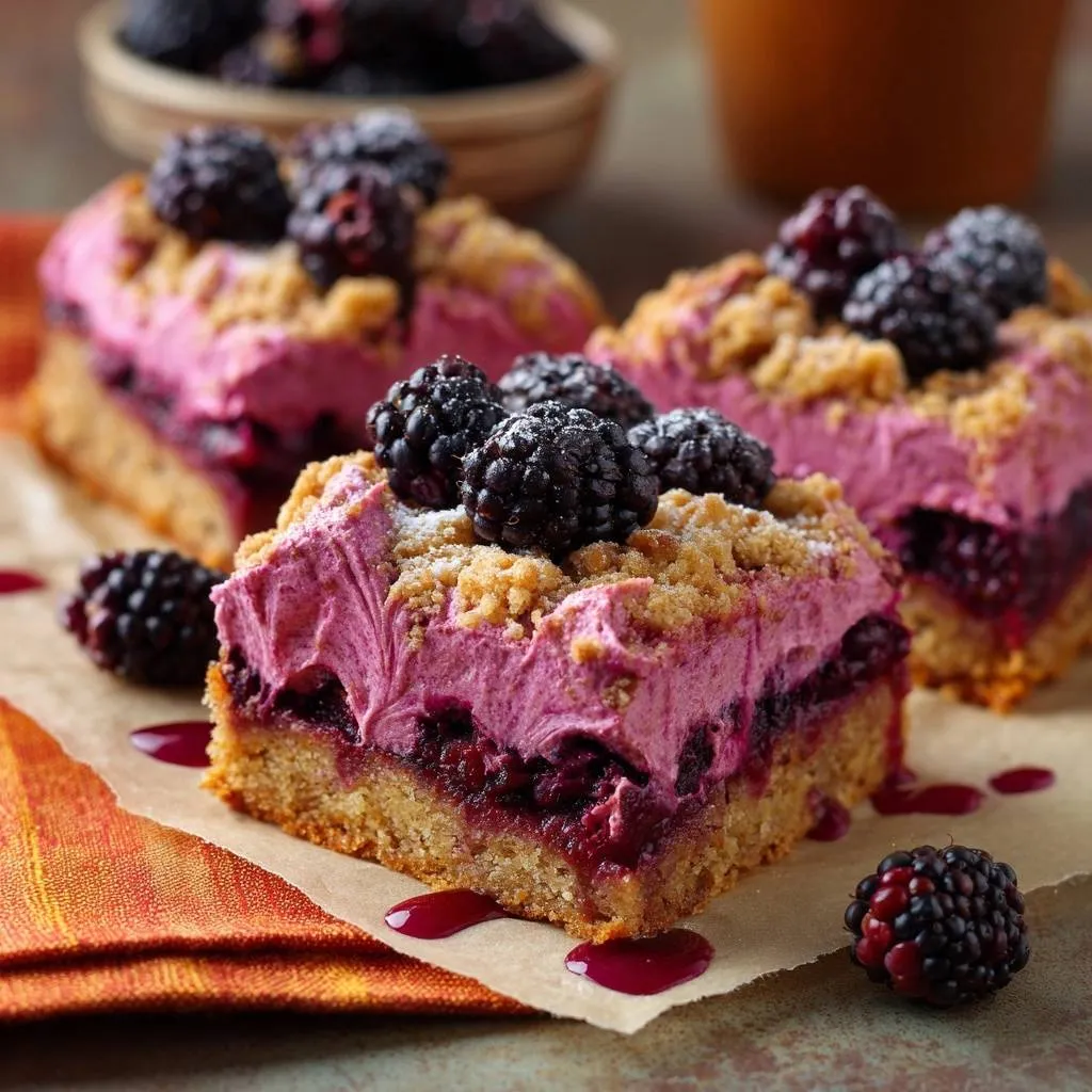 Blackberry cheesecake crumble bars recipe shown in a close-up slice with fresh blackberries and crumble topping.