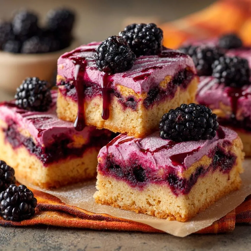 Blackberry cheesecake crumble bars stacked in slices, showcasing the layers and fresh blackberry topping.