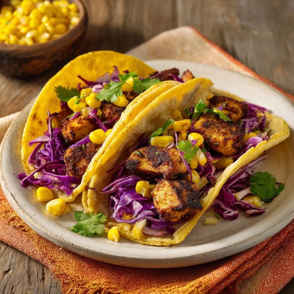 Blackened chicken street tacos plated with red cabbage and corn, showcasing a close-up view of two tacos.