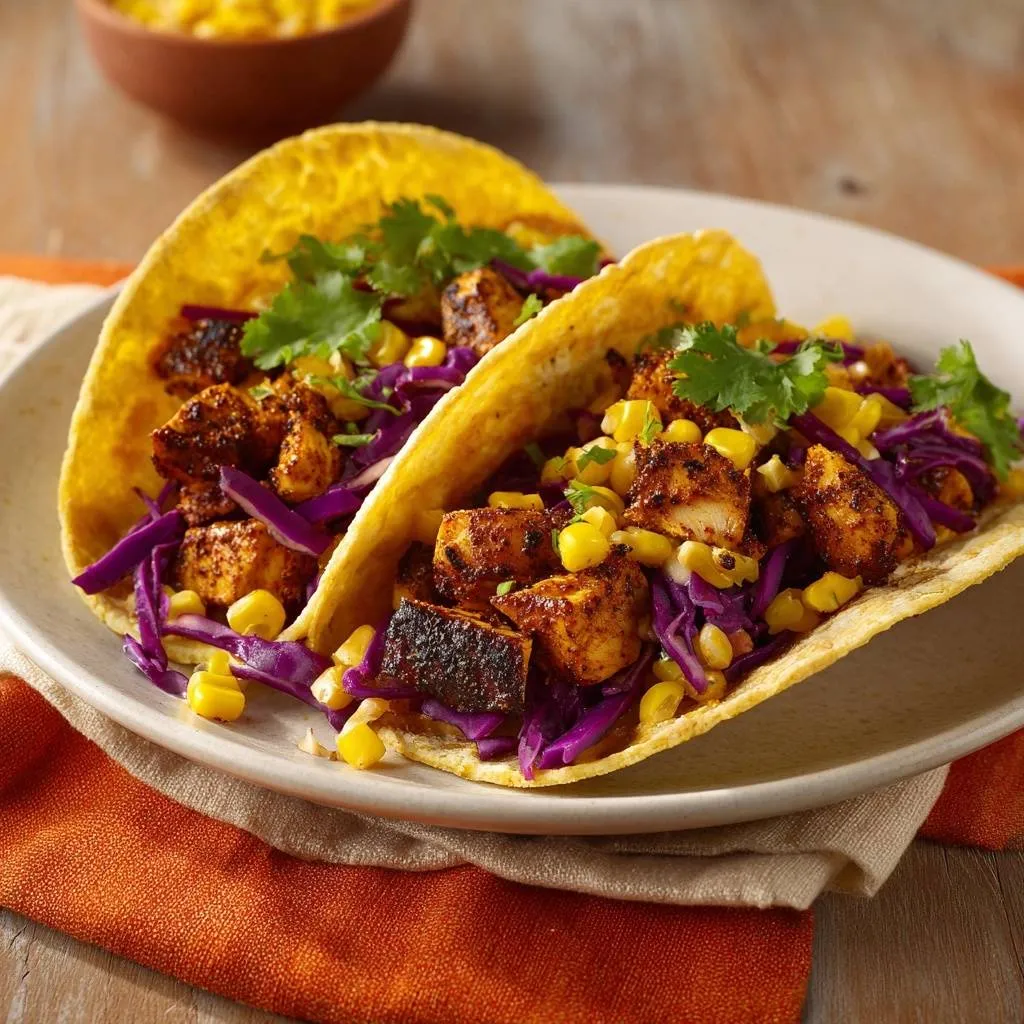 Mastering blackened chicken street tacos with structural integrity, shown two on a plate with corn and red cabbage.