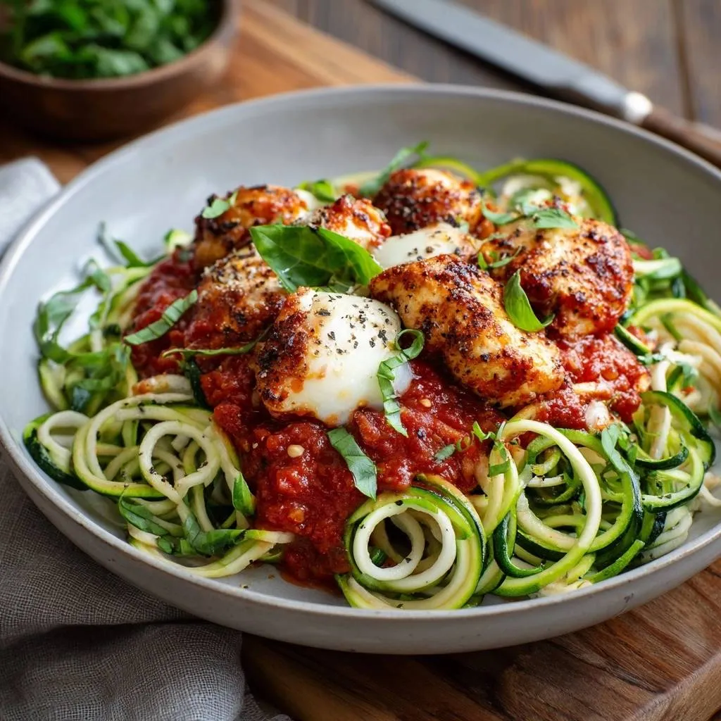 Blackened chicken zoodle marinara recipe served in a bowl with zucchini noodles and marinara sauce.