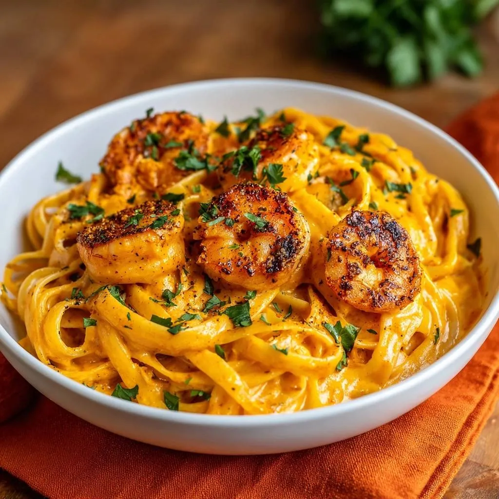 Blackened shrimp fettuccine with a creamy orange sauce, garnished with parsley, shown in a close-up view.
