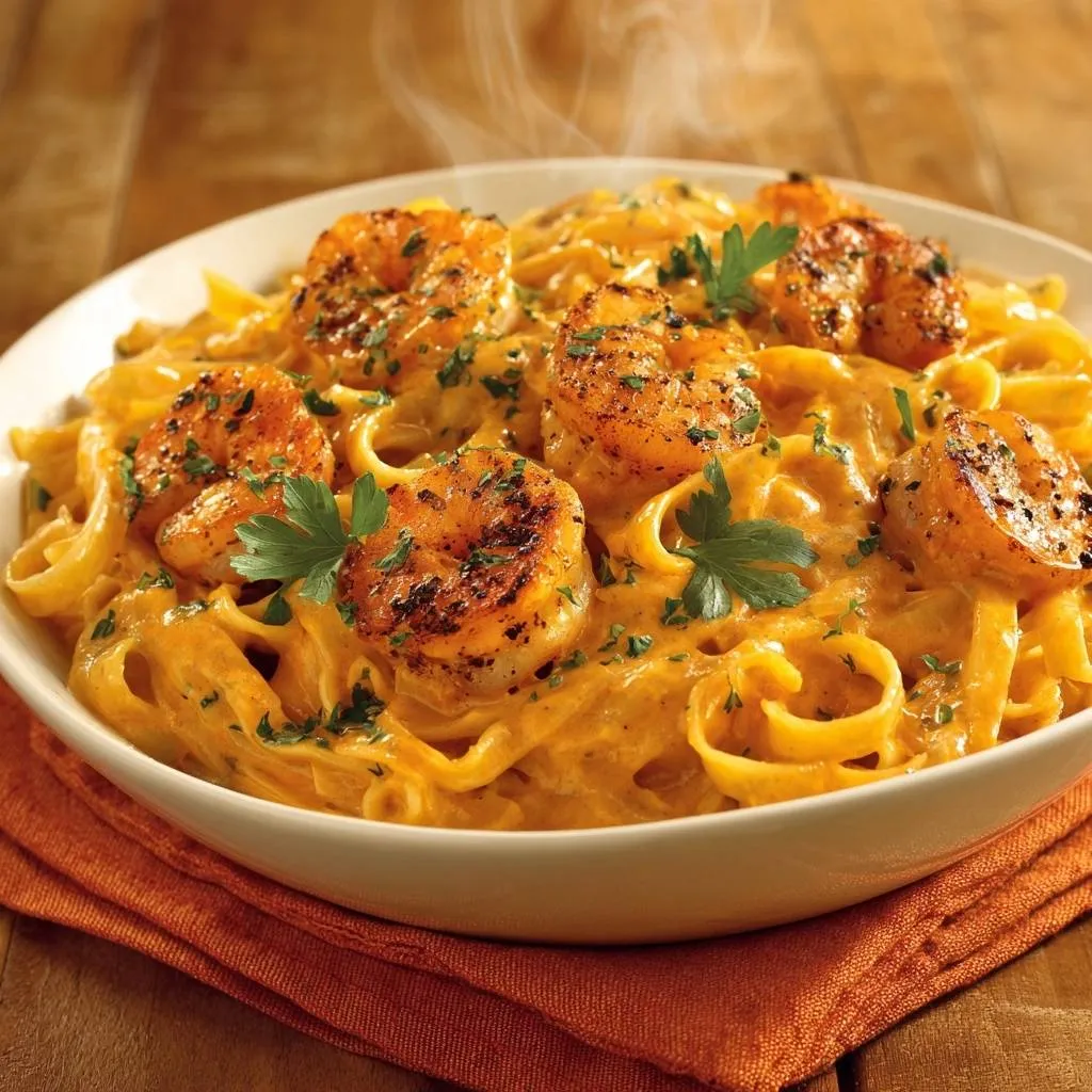 Blackened shrimp fettuccine steaming in a white bowl, garnished with fresh parsley and served on an orange napkin.