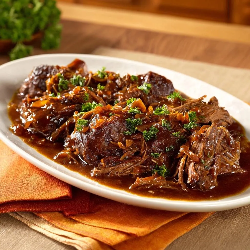 Braised beef with caramelized onions served on a white platter, garnished with fresh parsley.