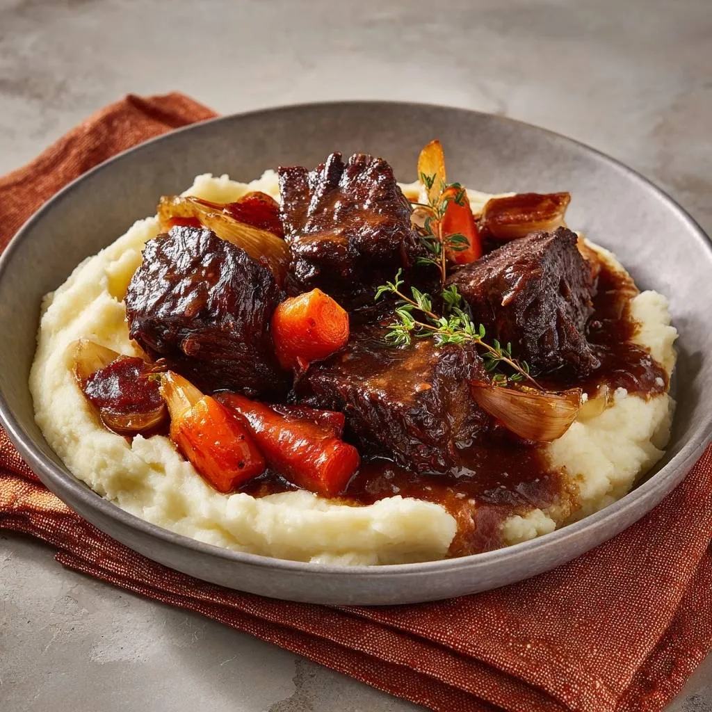 Braised beef short ribs over creamy mashed potatoes served in a rustic bowl with carrots and herbs