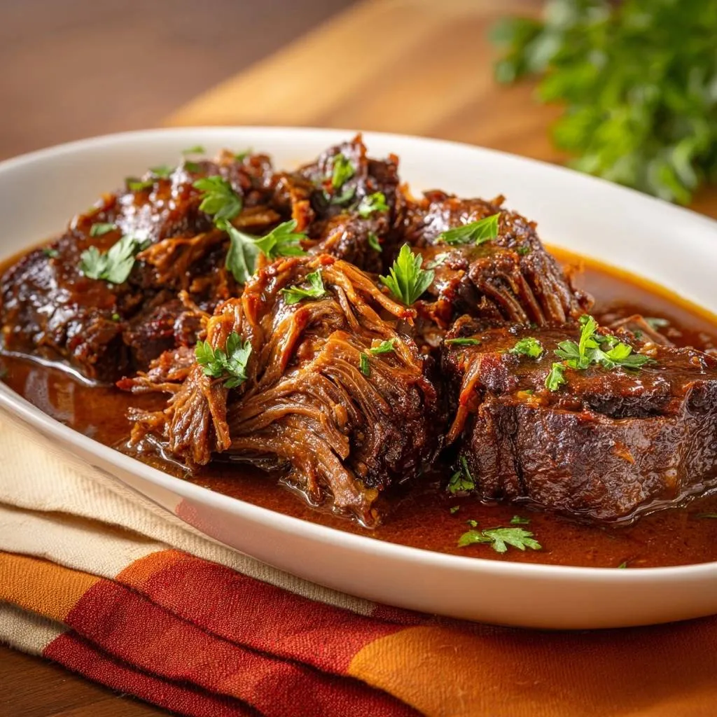 Braised beef with caramelized onions, showcasing its shredded texture and fresh parsley garnish in a white serving dish.