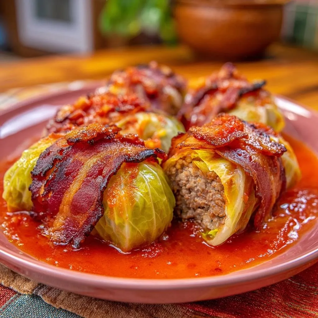 Braised Mediterranean chicken and chickpeas plated with crispy bacon-wrapped cabbage rolls and tomato sauce.