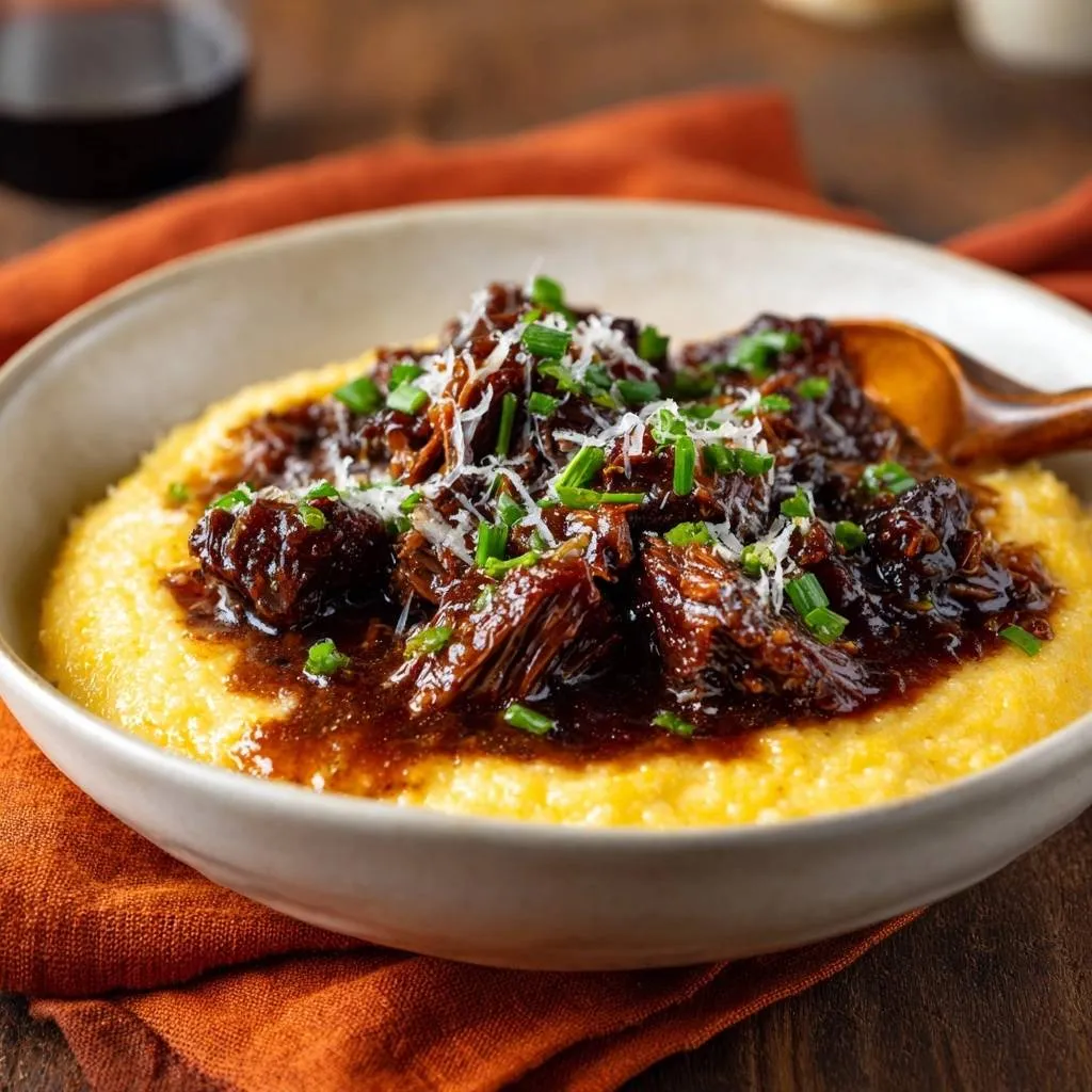 Braised short ribs over creamy polenta in a bowl, topped with shredded cheese and chives.