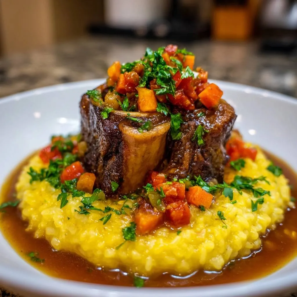 Braised short ribs over saffron risotto, presented as a single serving with a vibrant tomato and parsley garnish.