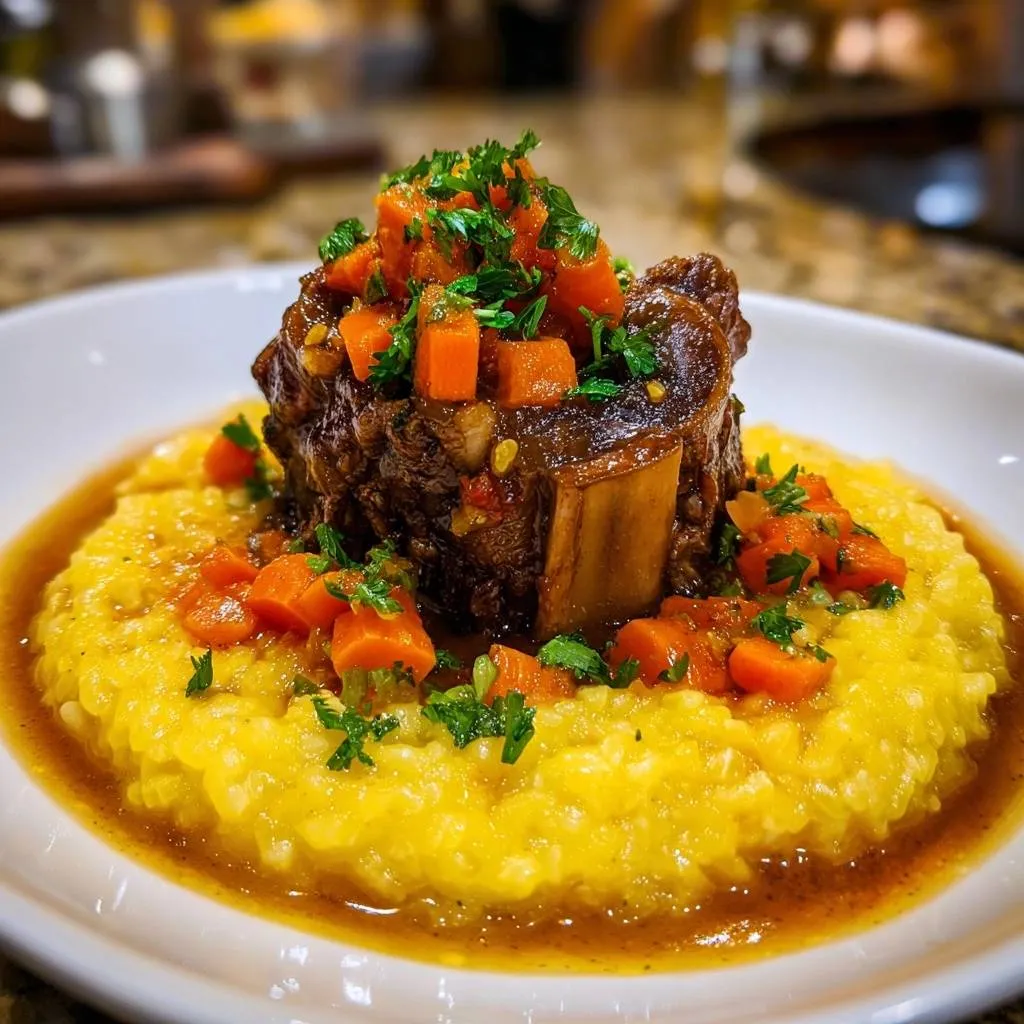 Master Braised Short Ribs over Saffron Risotto, plated and garnished with fresh herbs and diced carrots.