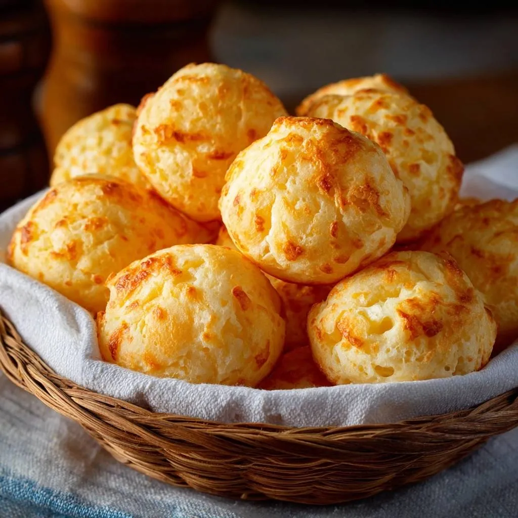 Brazilian cheese bread puffs in a woven basket, showcasing their golden-brown, slightly textured exterior up close.