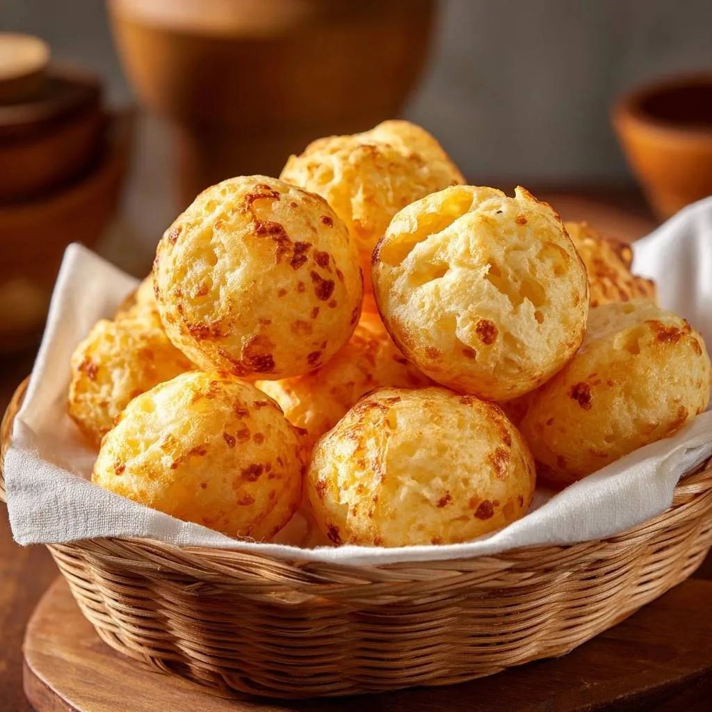 Brazilian cheese bread puffs piled high in a rustic basket, showcasing their golden-brown, slightly browned exterior.