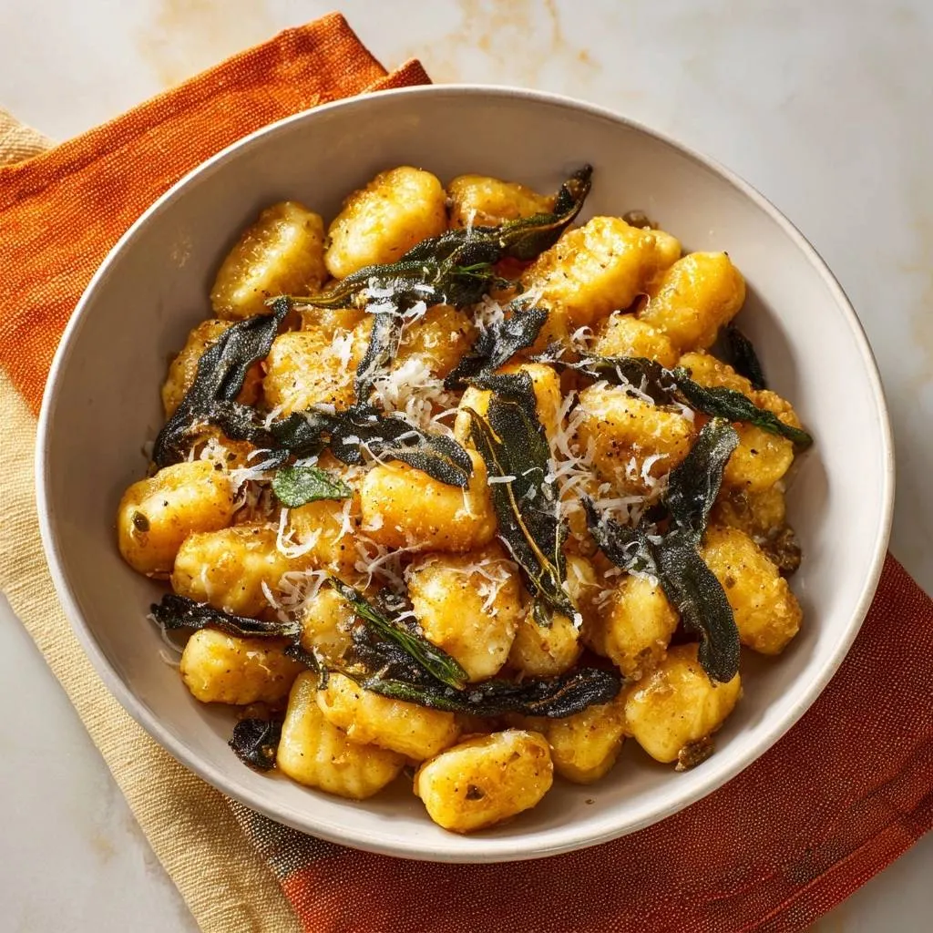 Crispy brown butter sage gnocchi served in a rustic bowl, presented from an overhead perspective with a garnish of grated cheese.