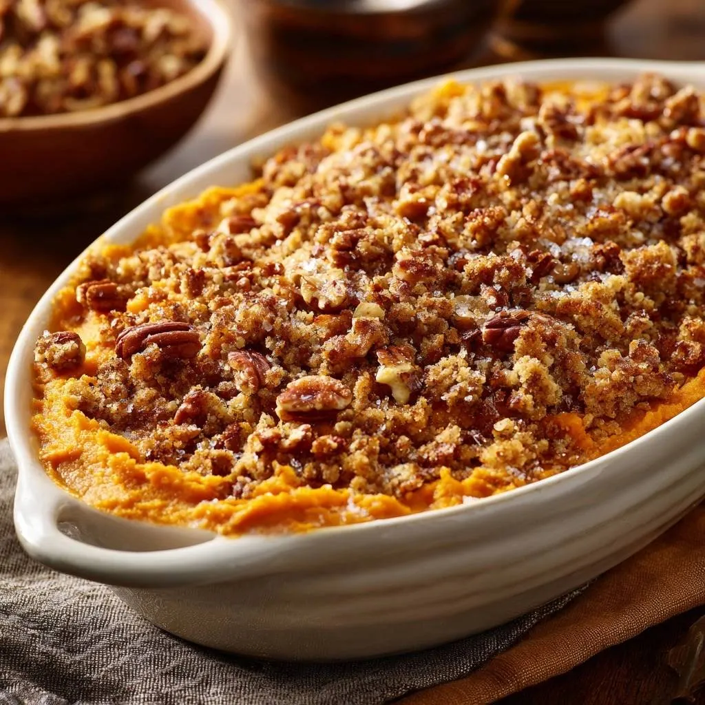 Brown sugar pecan sweet potato casserole shown from a close-up angle highlighting the crumbly pecan topping.