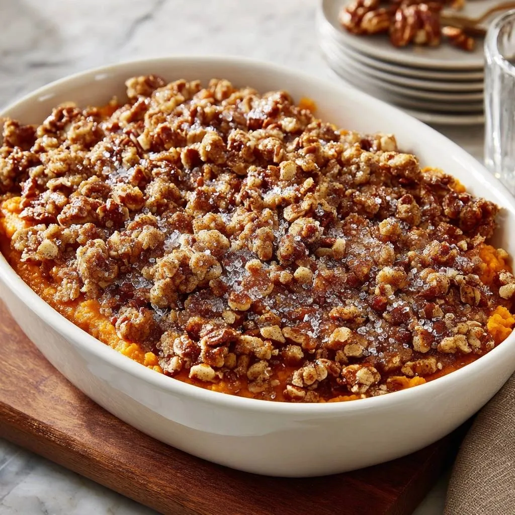 Brown sugar pecan sweet potato casserole with a close-up view of the crumbly pecan topping and sugar crystals.