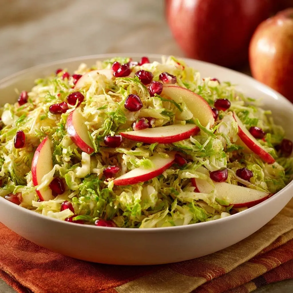 Brussels apple pomegranate salad close-up in a bowl, showcasing shredded Brussels sprouts, apple slices, and pomegranate seeds.