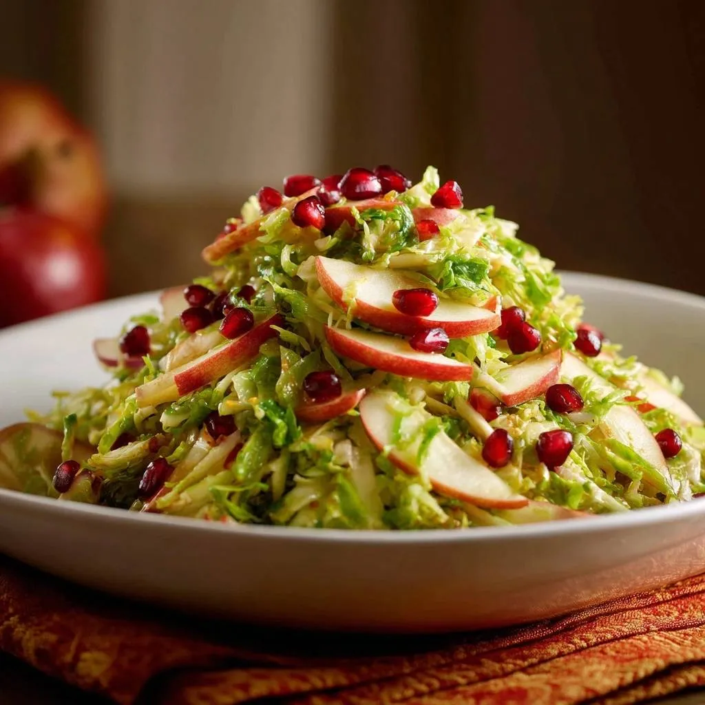 Brussels apple pomegranate salad, a vibrant pile of shredded Brussels sprouts, apple slices, and pomegranate seeds, served in a white bowl.