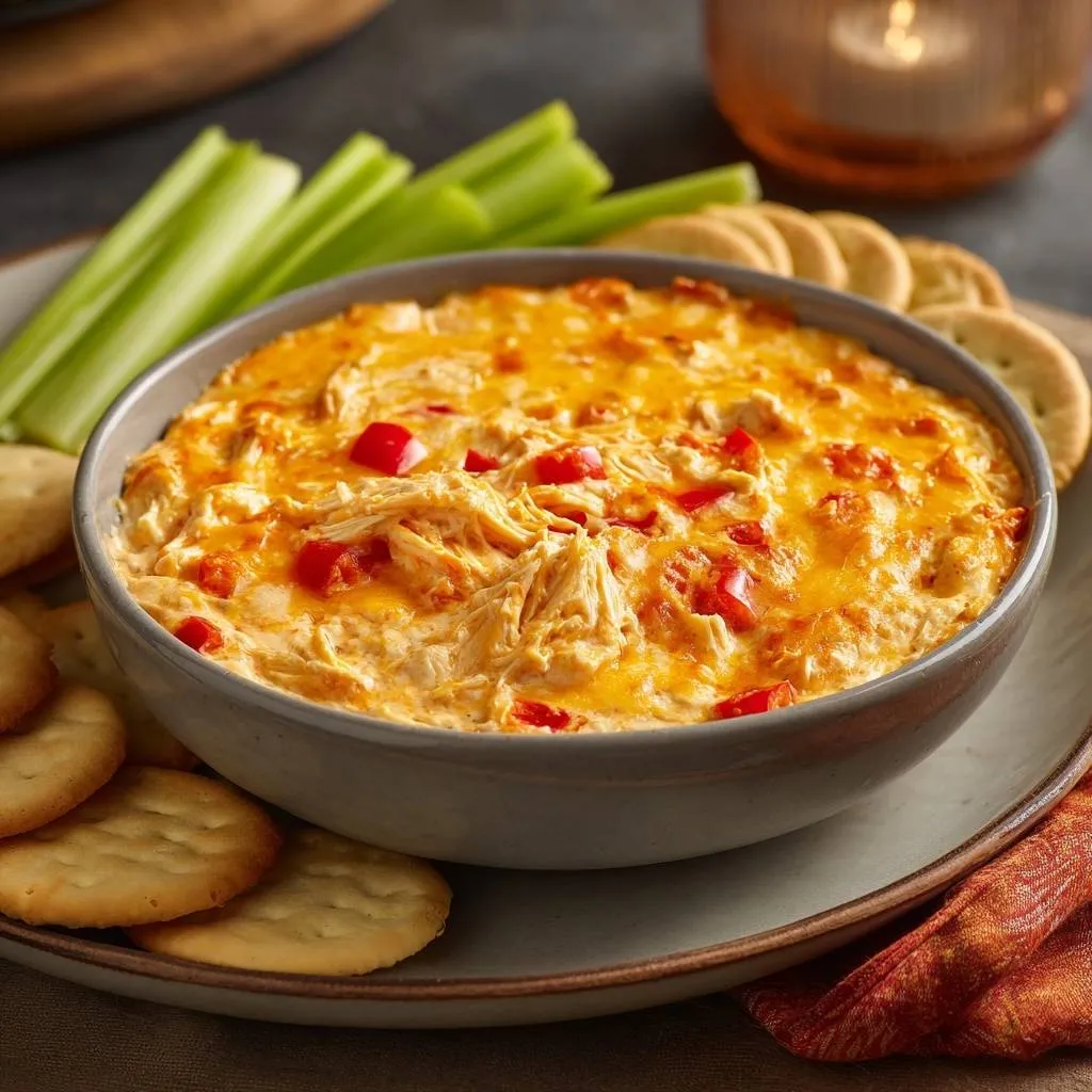 Buffalo chicken red pepper dip served warm in a grey bowl with crackers and celery sticks