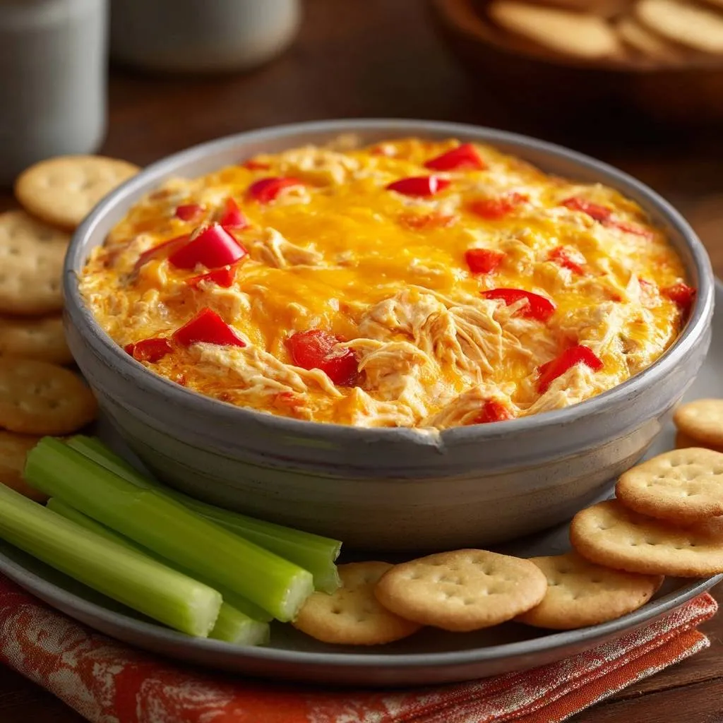 Buffalo chicken red pepper dip served warm in a bowl, topped with melted cheese and red peppers, with crackers and celery.