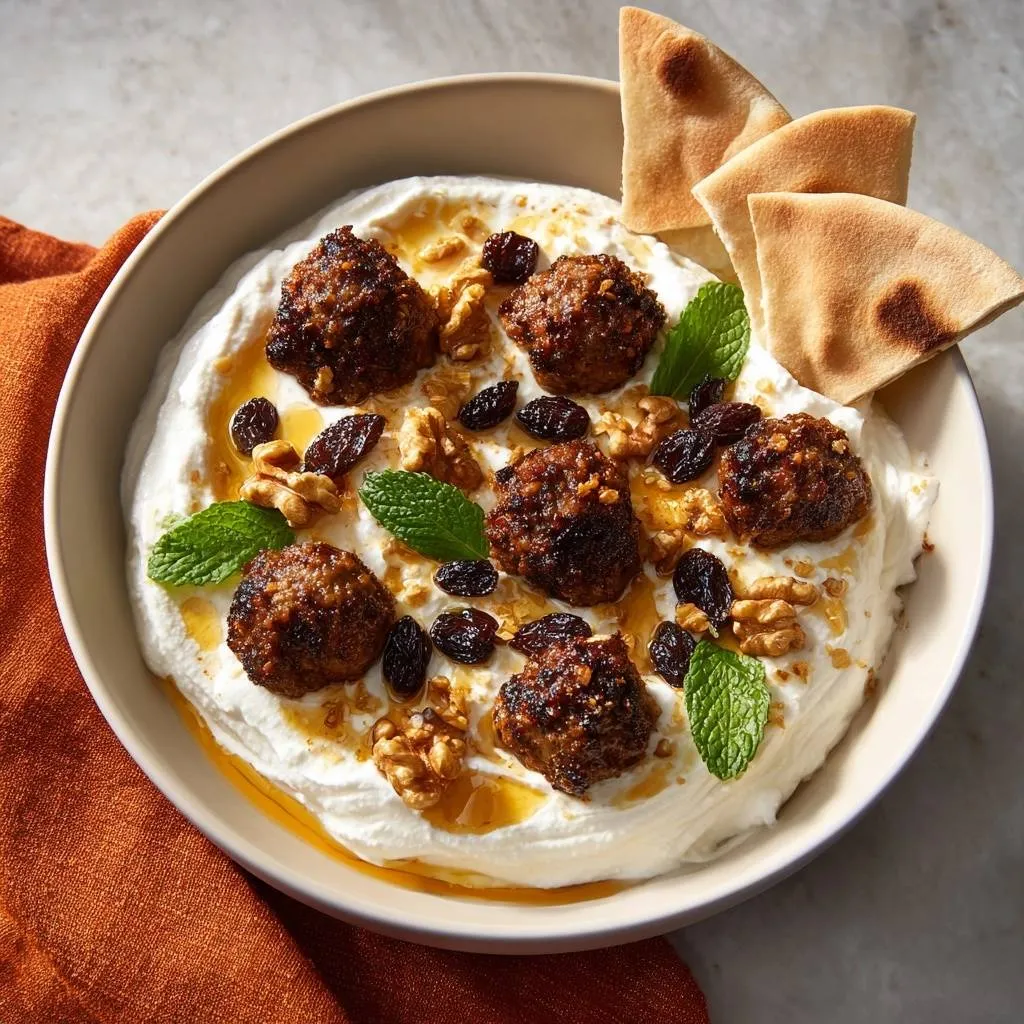 Crispy bulgur lamb kofta over labneh, garnished with walnuts, raisins, mint, and honey, served with pita bread.