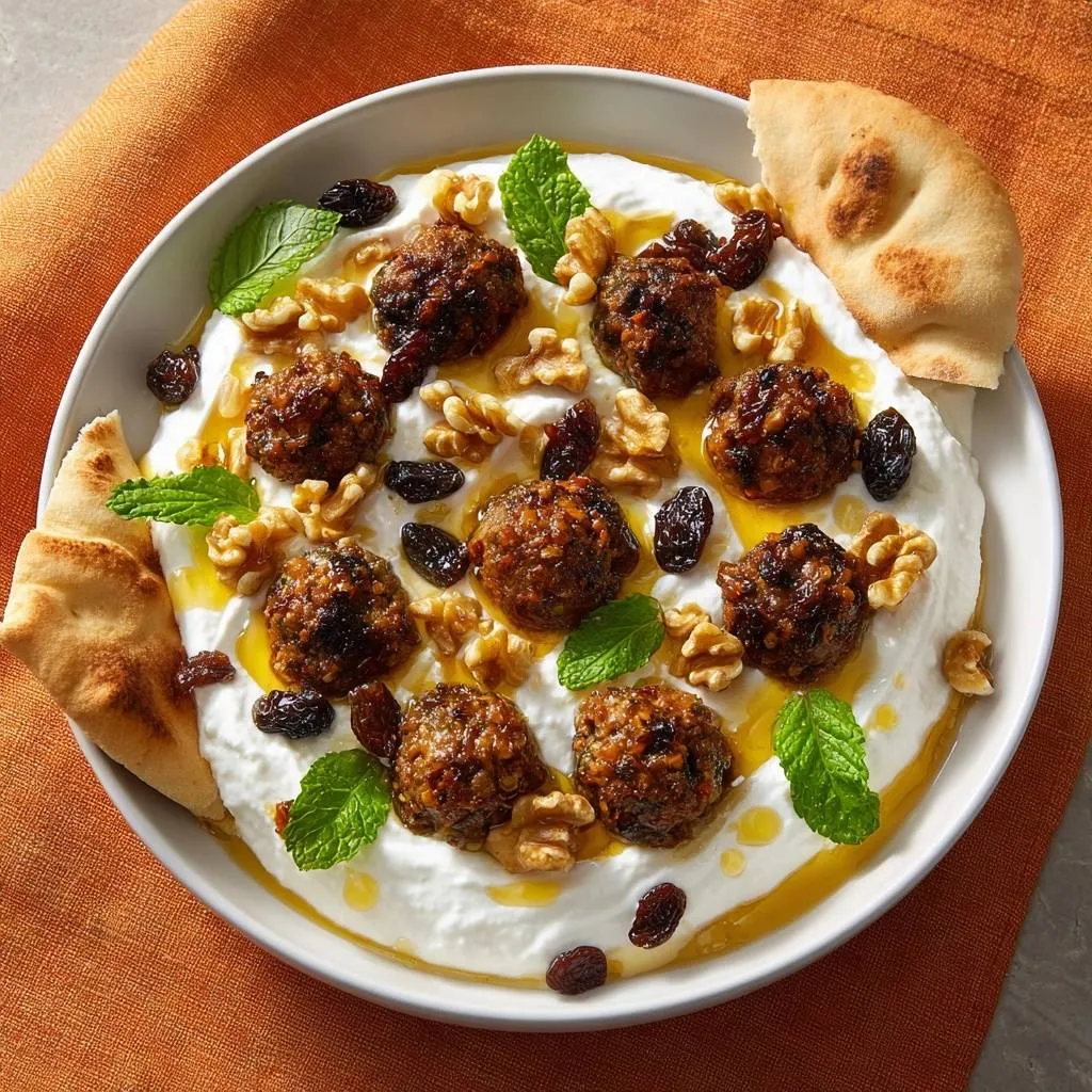 Crispy bulgur lamb kofta over labneh, garnished with walnuts, raisins, and mint leaves.