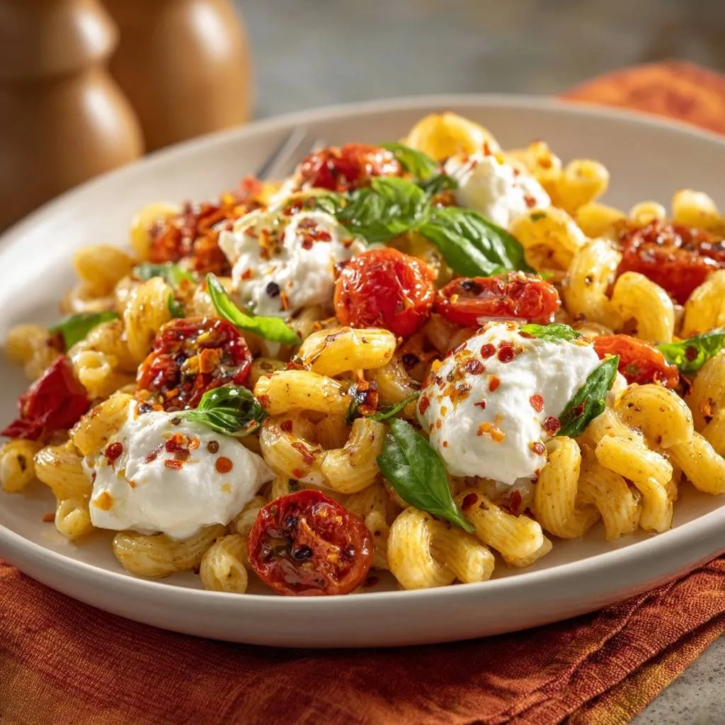 Burst cherry tomato orecchiette with burrata, a close-up showing creamy burrata, blistered tomatoes, and fresh basil.