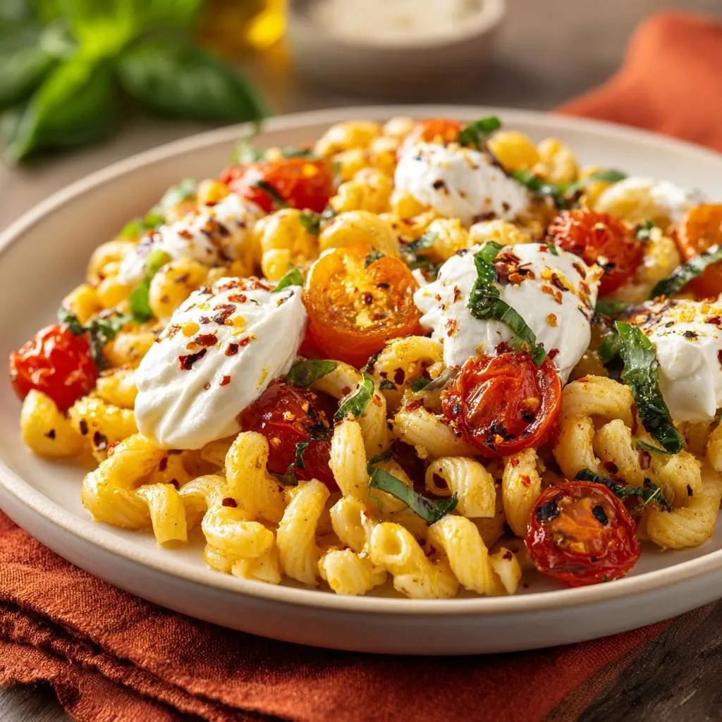 Burst cherry tomato orecchiette with burrata served on a white plate, showcasing gooey cheese and blistered tomatoes.