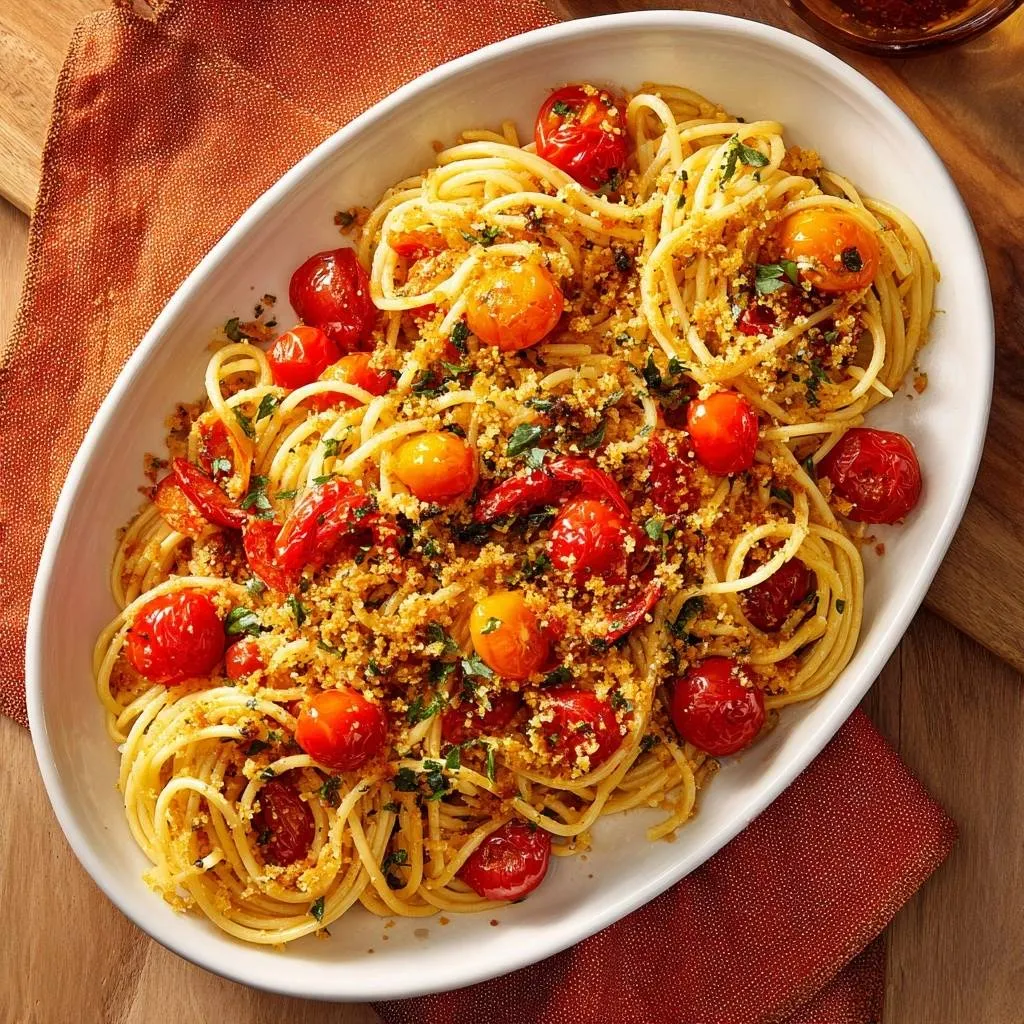 Burst cherry tomato spaghetti with crunchy breadcrumbs shown in an overhead bowl view with fresh herbs.