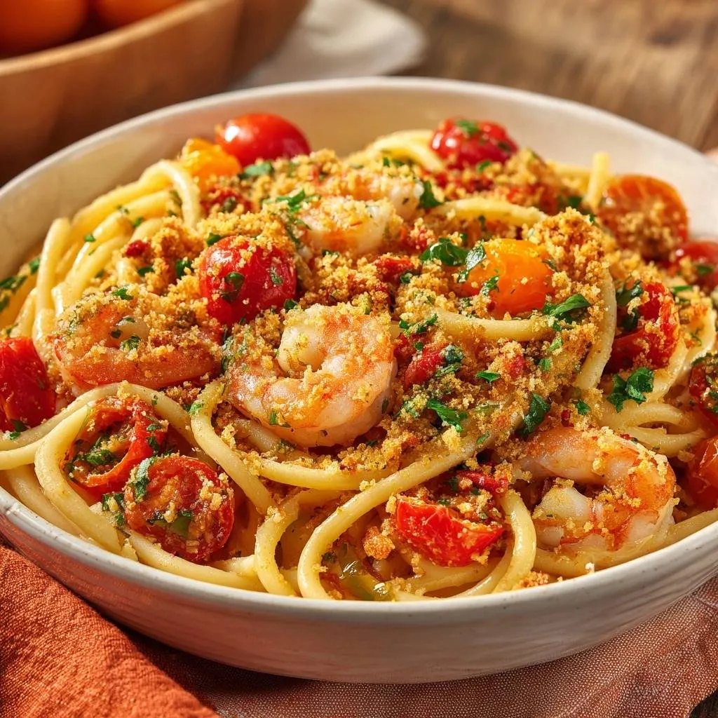 Burst tomato shrimp pasta with a generous topping of crispy breadcrumbs and fresh parsley, presented in a bowl.