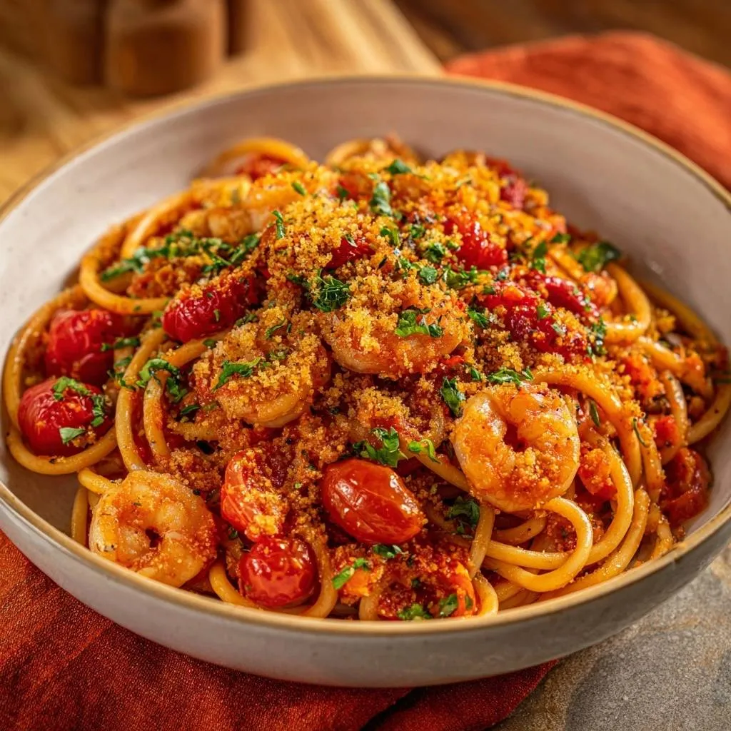 Burst tomato shrimp pasta with crispy breadcrumbs shown in a close-up view, highlighting the topping and ingredients.