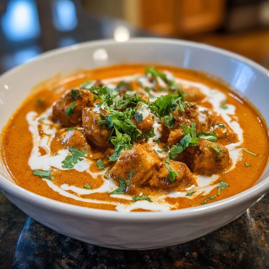 Butter chicken in a white bowl, featuring tender chicken pieces in a rich, creamy orange curry sauce and garnished with fresh cilantro.