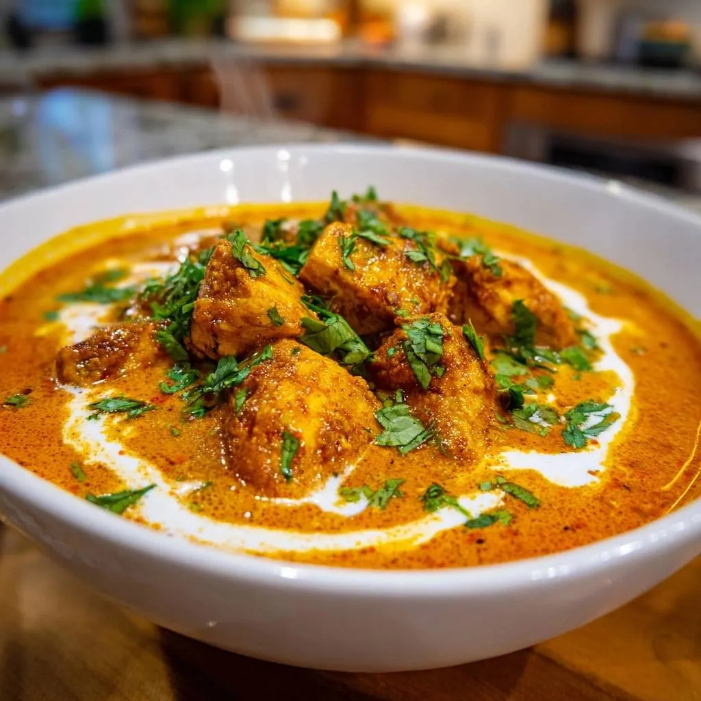 Butter chicken in a white bowl, garnished with fresh cilantro and a swirl of cream.