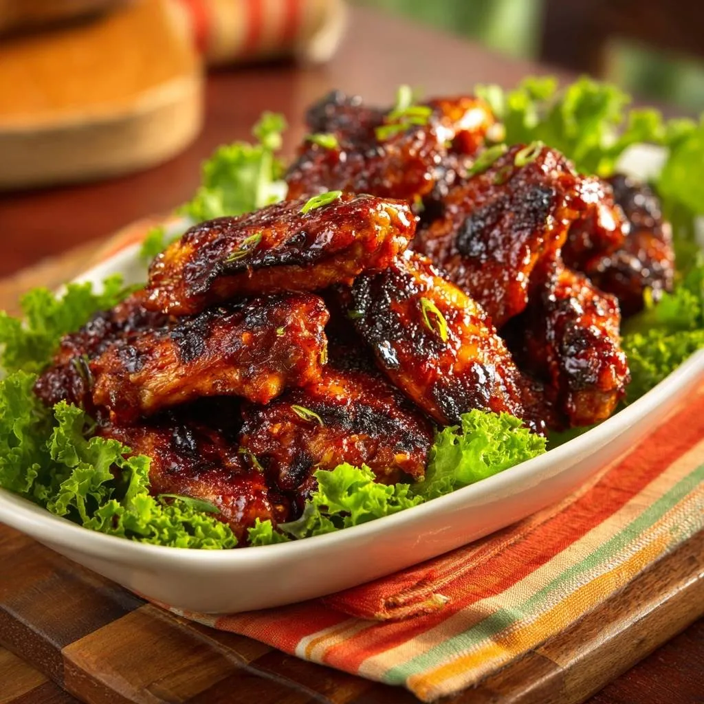 Creamy butter chicken wings glazed and garnished with fresh scallions, served on a bed of lettuce.