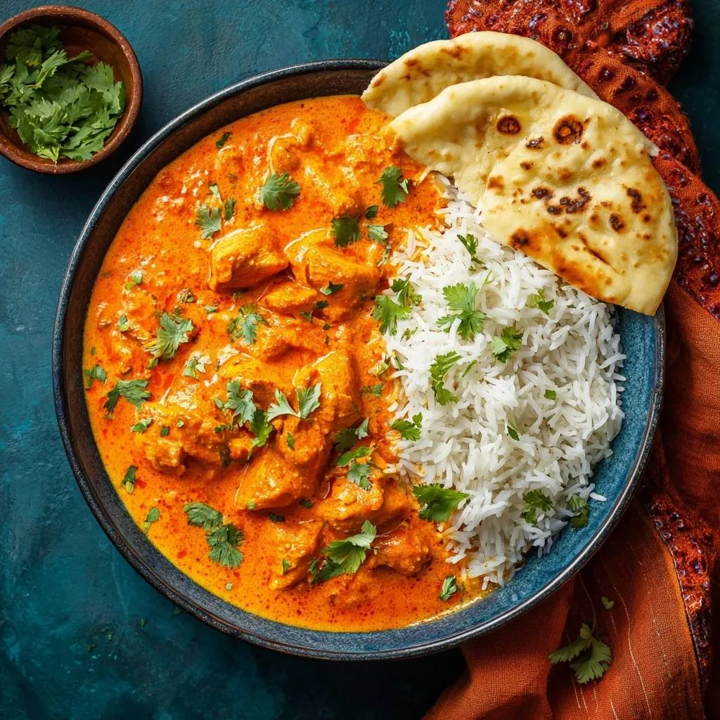 Butter chicken with rice and naan served in a blue bowl, garnished with fresh cilantro, viewed from above.