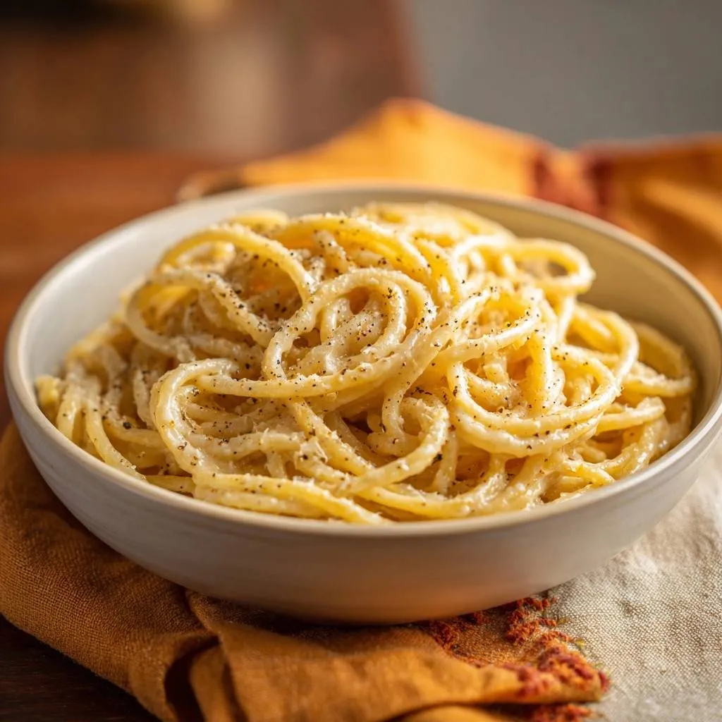 Cacio e Pepe, a creamy bowl of spaghetti with black pepper and a silky sauce, pictured in a close-up detail shot.