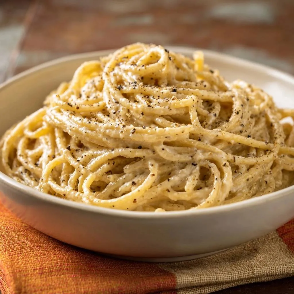 Cacio e Pepe with a silky, creamy sauce and cracked black pepper, showing a close-up detail of the pasta strands.
