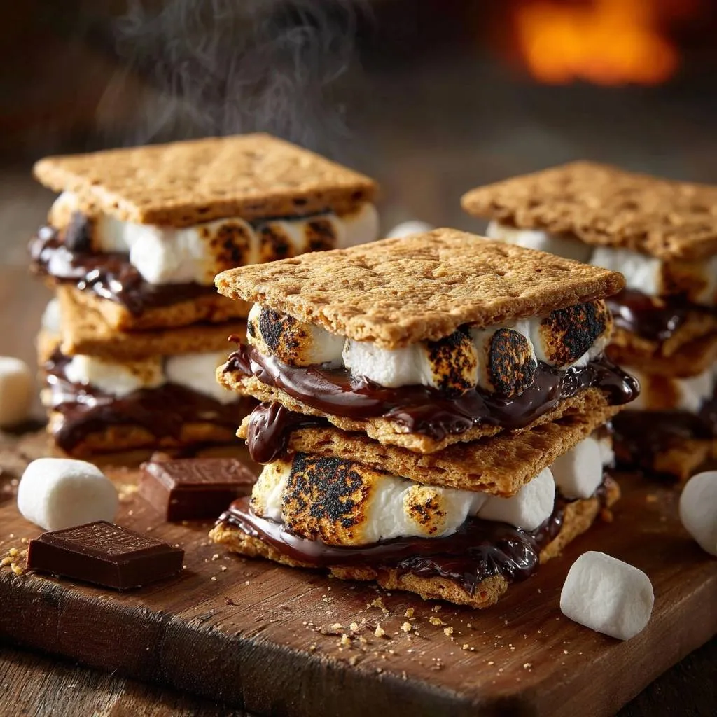 Gooey campfire s'mores without burnt marshmallows, stacked high with toasted marshmallows and melted chocolate.