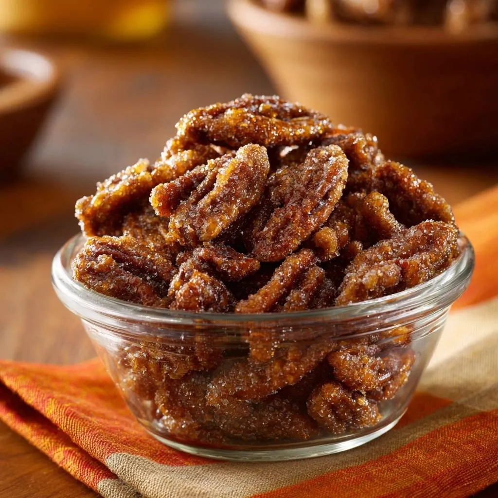 Crunchy candied pecans piled high in a clear glass bowl, showcasing their glistening sugary coating and texture.
