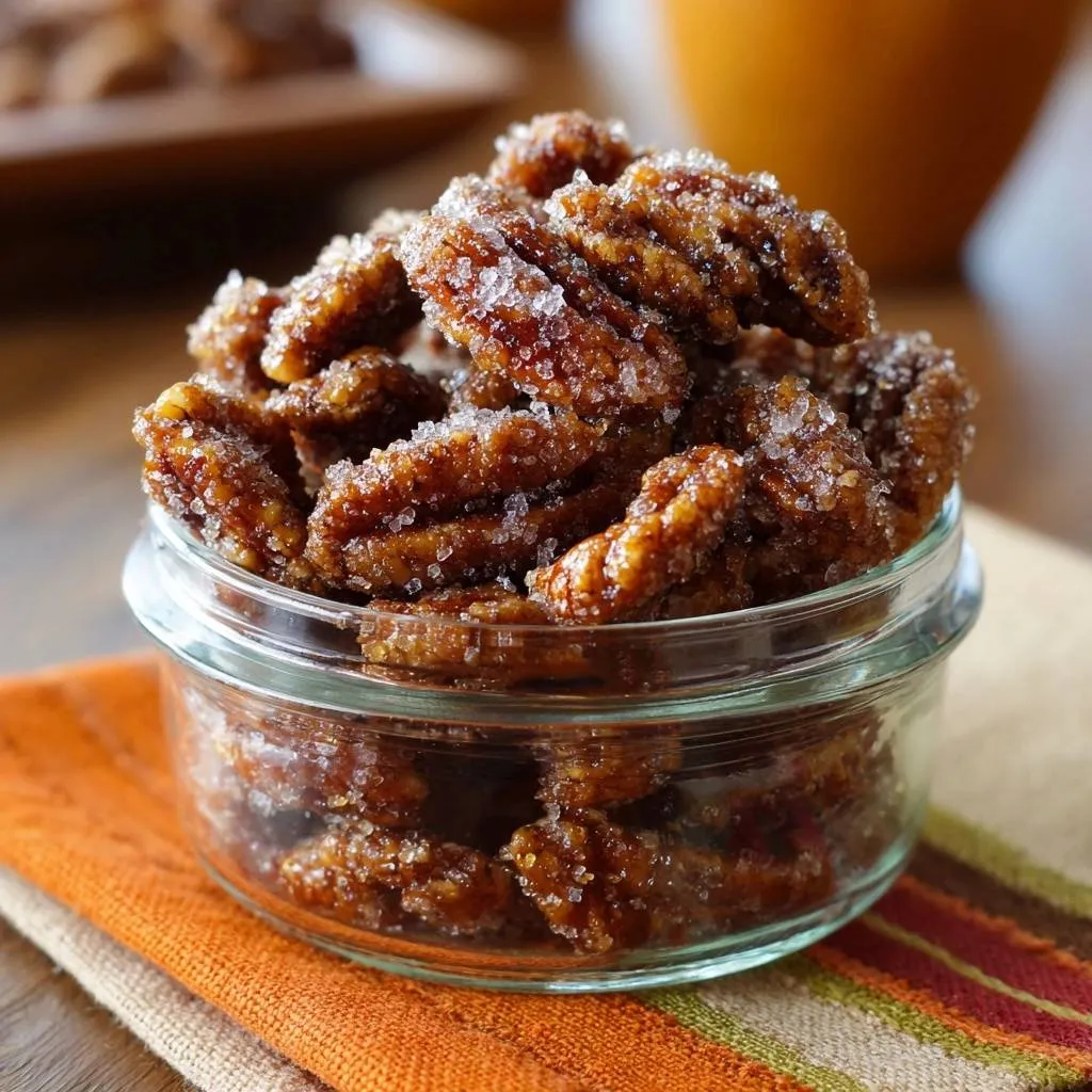 Crunchy candied pecans in a glass bowl, coated in sparkling sugar crystals, shown in a close-up view.