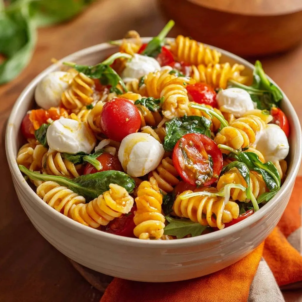 Caprese fusilli salad in a bowl, featuring fusilli pasta, cherry tomatoes, mozzarella balls, and fresh basil leaves.