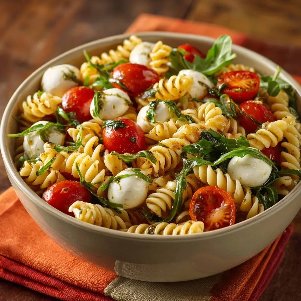 Caprese fusilli salad with cherry tomatoes and mozzarella balls in a rustic bowl, presented from an overhead perspective.