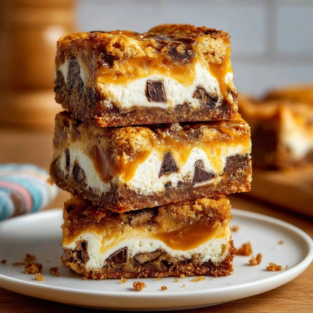 Caramel chocolate cheesecake bars with crisp crust, stacked high in a close-up view showing the creamy cheesecake and gooey caramel.