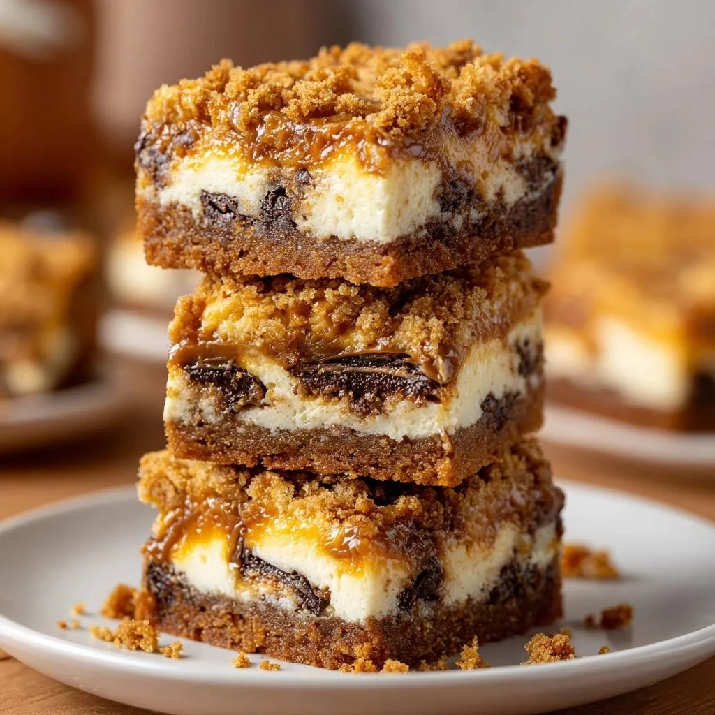 Caramel Chocolate Cheesecake Bars with Crisp Crust - recipe image